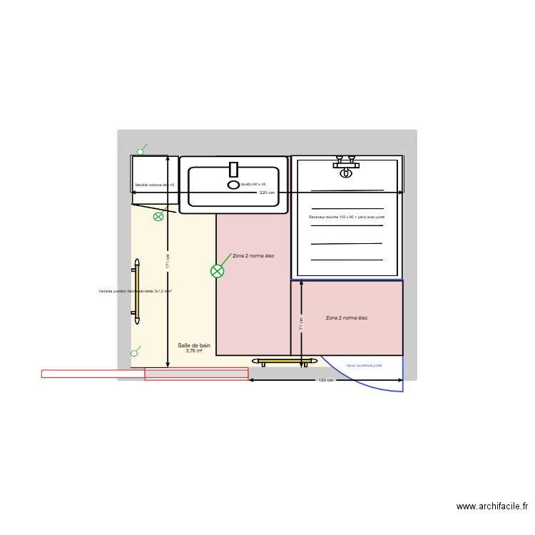 SDB Rossan_V 100x90_V2. Plan de 1 pièce et 4 m2