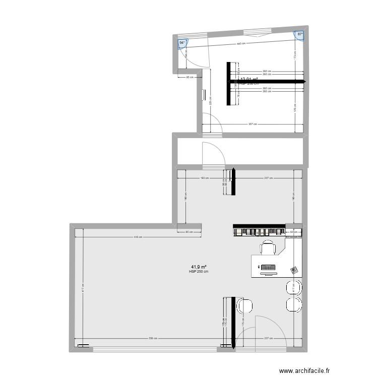 cabinet. Plan de 2 pièces et 55 m2