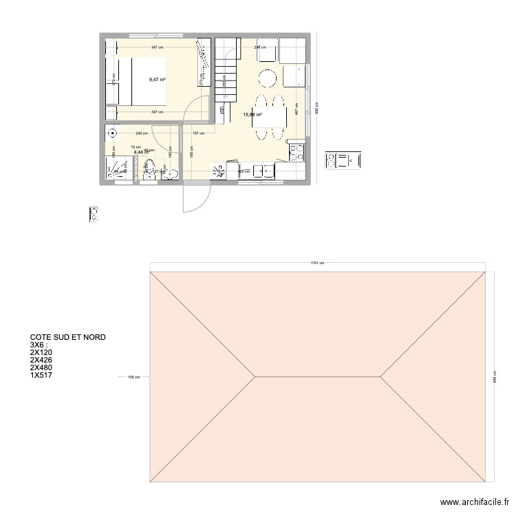 bungalow 1 chambre Pae Miti 2. Plan de 3 pièces et 30 m2