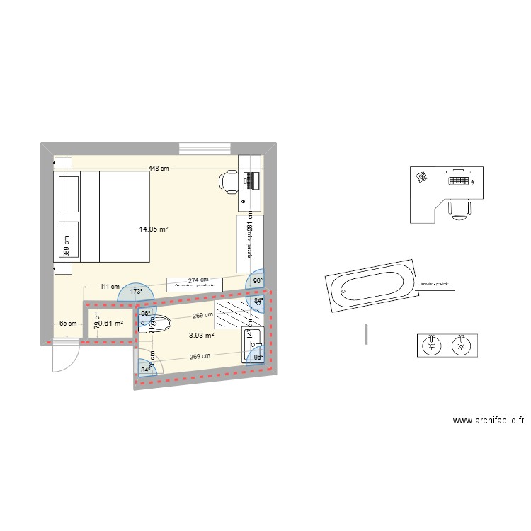 sdb. Plan de 3 pièces et 19 m2