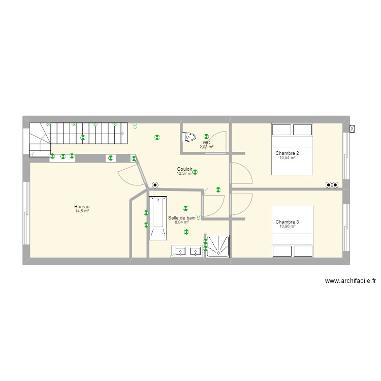 Villa 2  SdB et couloir R+1. Plan de 6 pièces et 58 m2