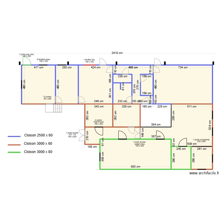 ouvertures cotés. Plan de 16 pièces et 232 m2