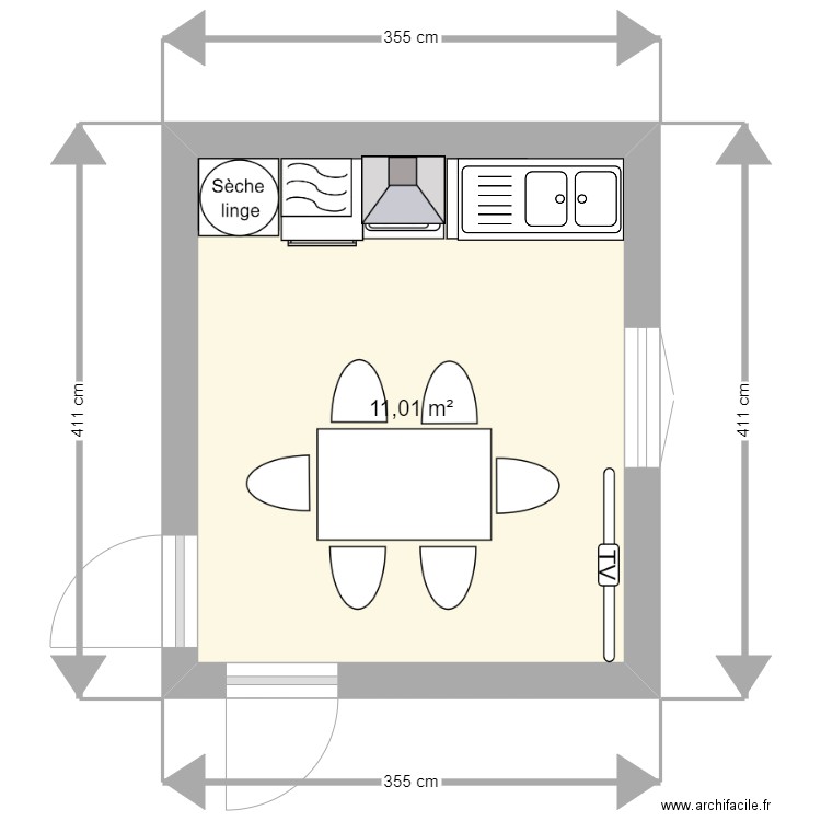 cuisine T3 sable fin. Plan de 1 pièce et 11 m2