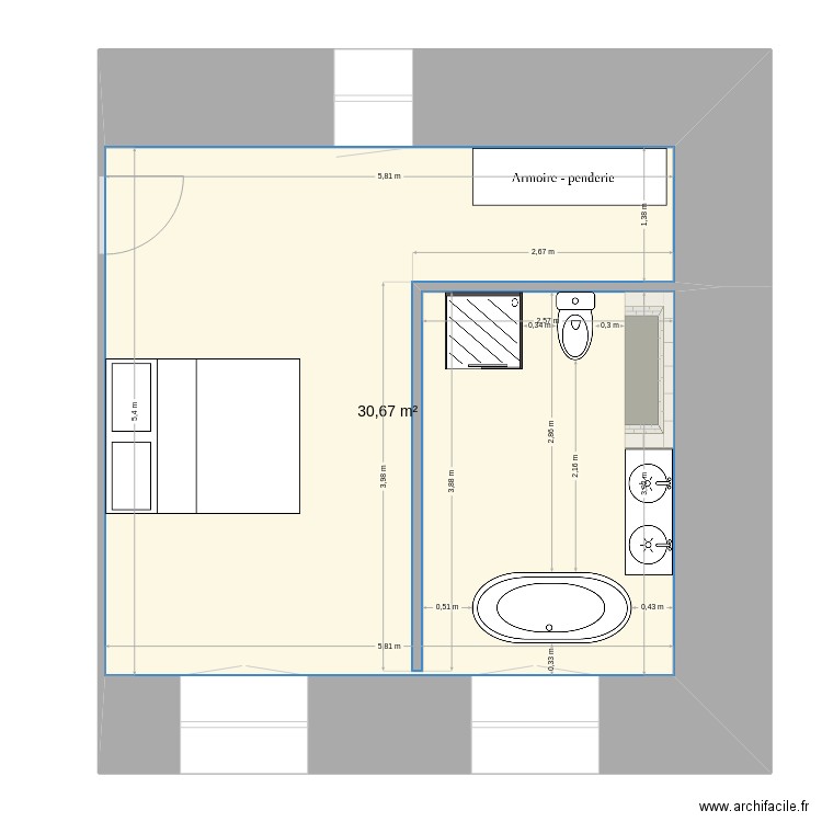 chambre parent. Plan de 1 pièce et 31 m2