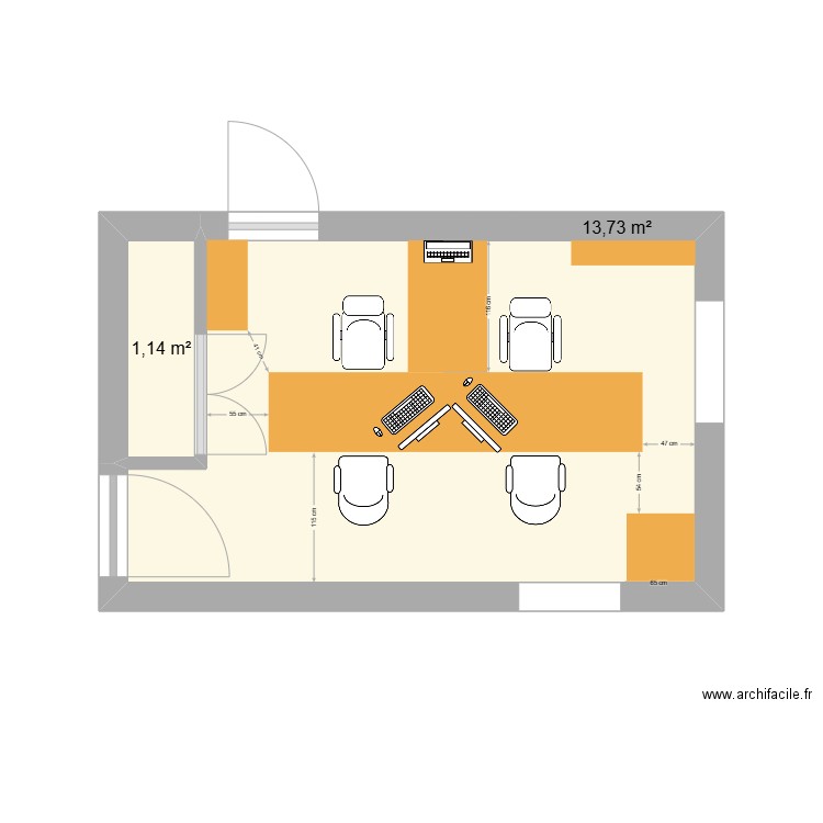 Bureau reception . Plan de 2 pièces et 15 m2