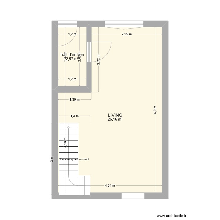 diriks. Plan de 2 pièces et 29 m2