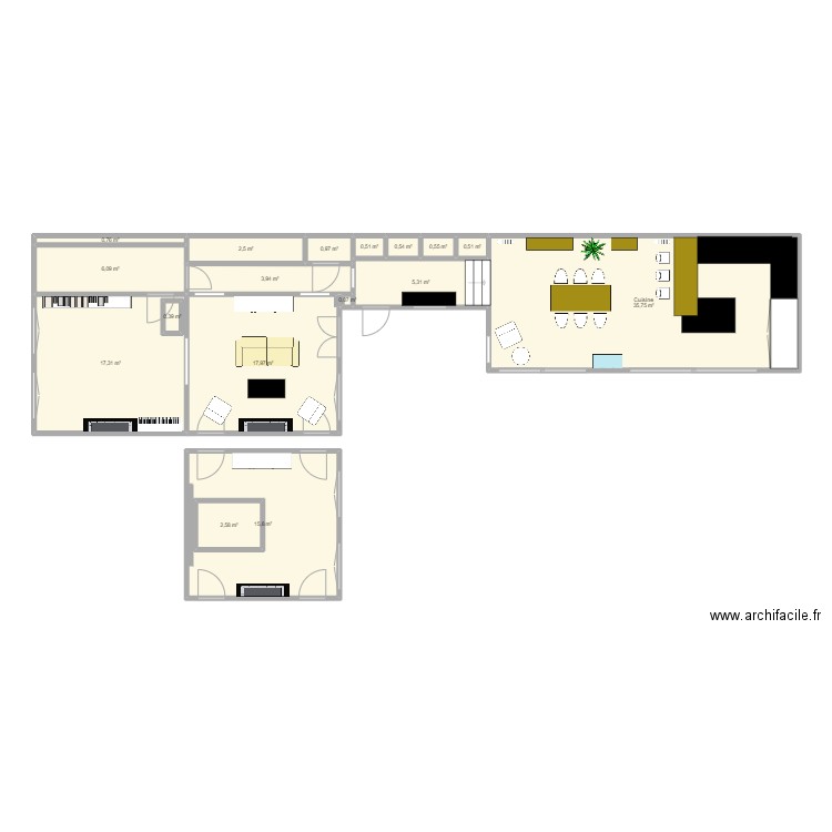 RDC. Plan de 17 pièces et 116 m2