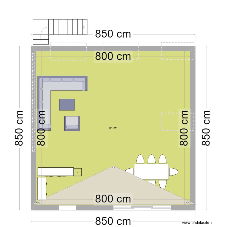 terrasse. Plan de 1 pièce et 64 m2