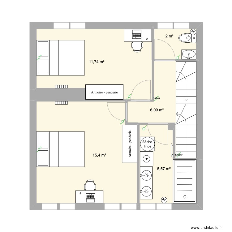 1er étage avec cheminée. Plan de 7 pièces et 41 m2