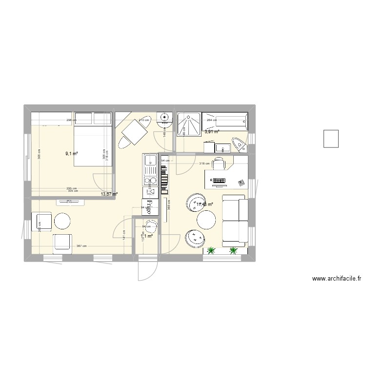 cabinet. Plan de 5 pièces et 39 m2