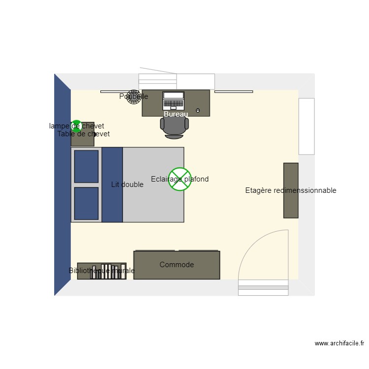 travail chambre. Plan de 1 pièce et 11 m2