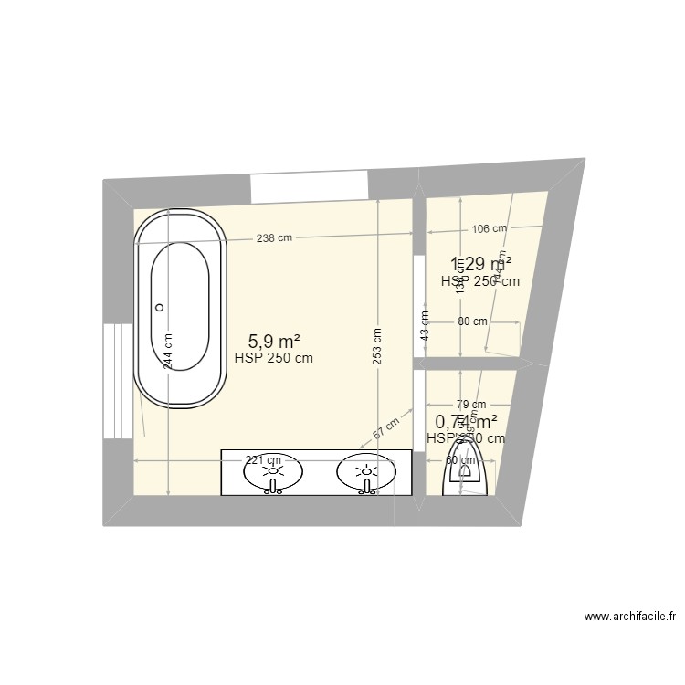 SALLE DE BAIN OPTION 2. Plan de 3 pièces et 8 m2