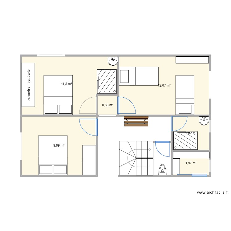 chambre 1 et 2. Plan de 6 pièces et 40 m2