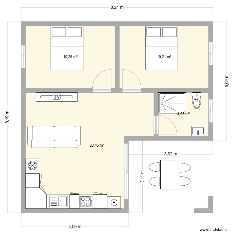 Maison 52 m² mod 1. Plan de 4 pièces et 48 m2