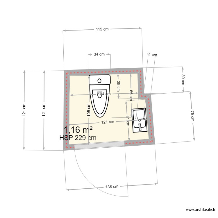 Renovation wc. Plan de 1 pièce et 1 m2