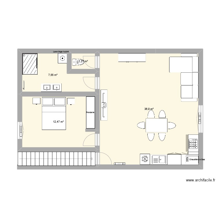 appartement T2 . Plan de 4 pièces et 58 m2