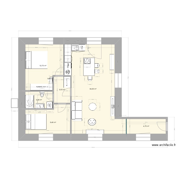 appart D2 bis. Plan de 6 pièces et 68 m2