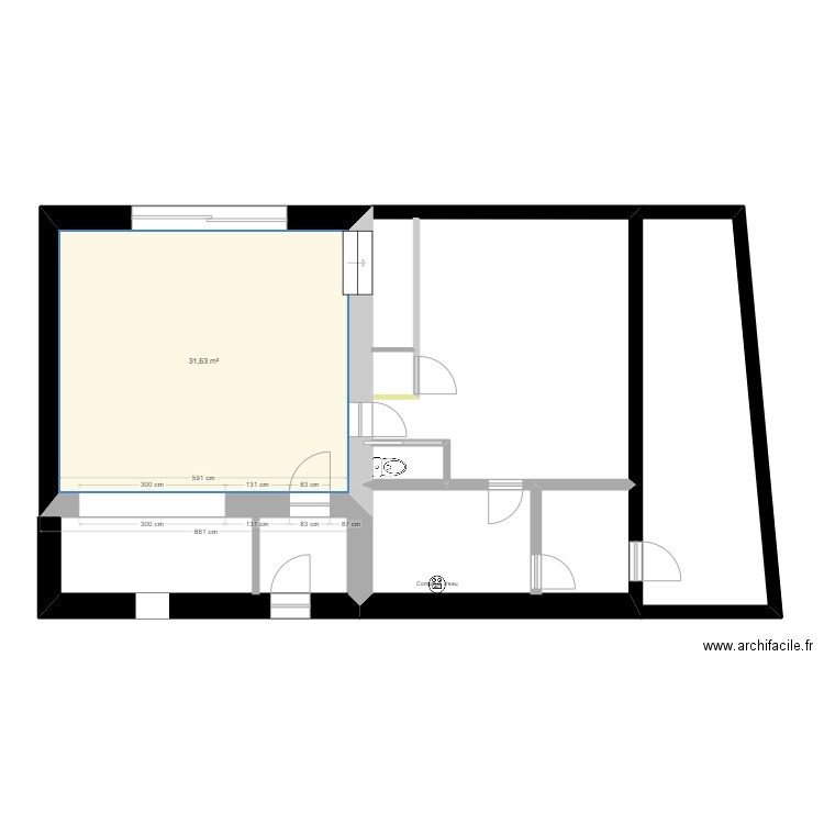 RDC V.1. Plan de 1 pièce et 32 m2