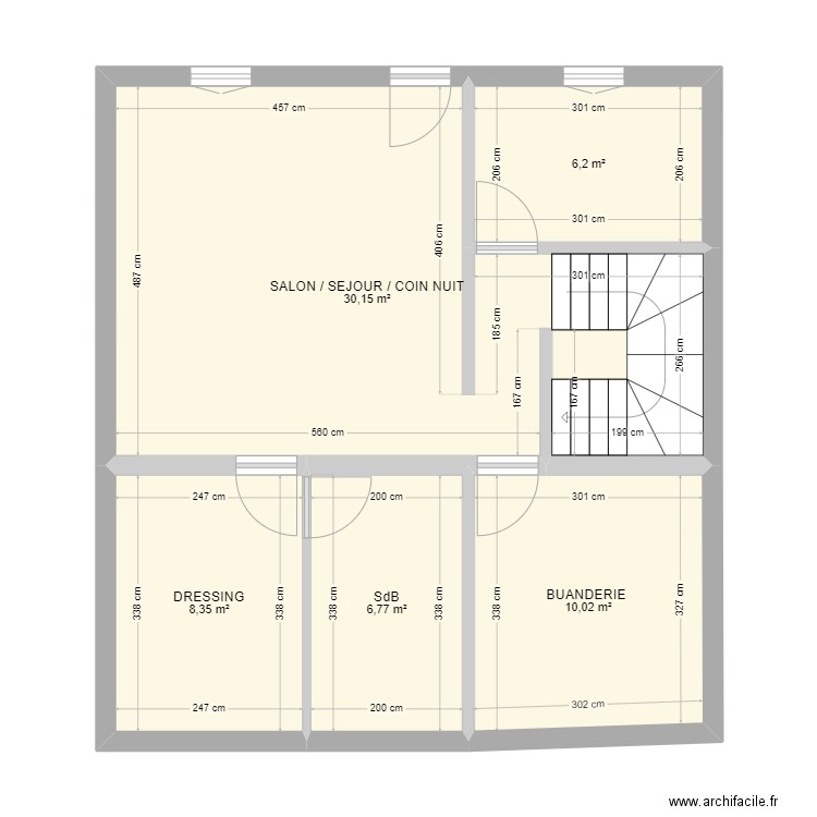 PAGES R-1 . Plan de 5 pièces et 62 m2