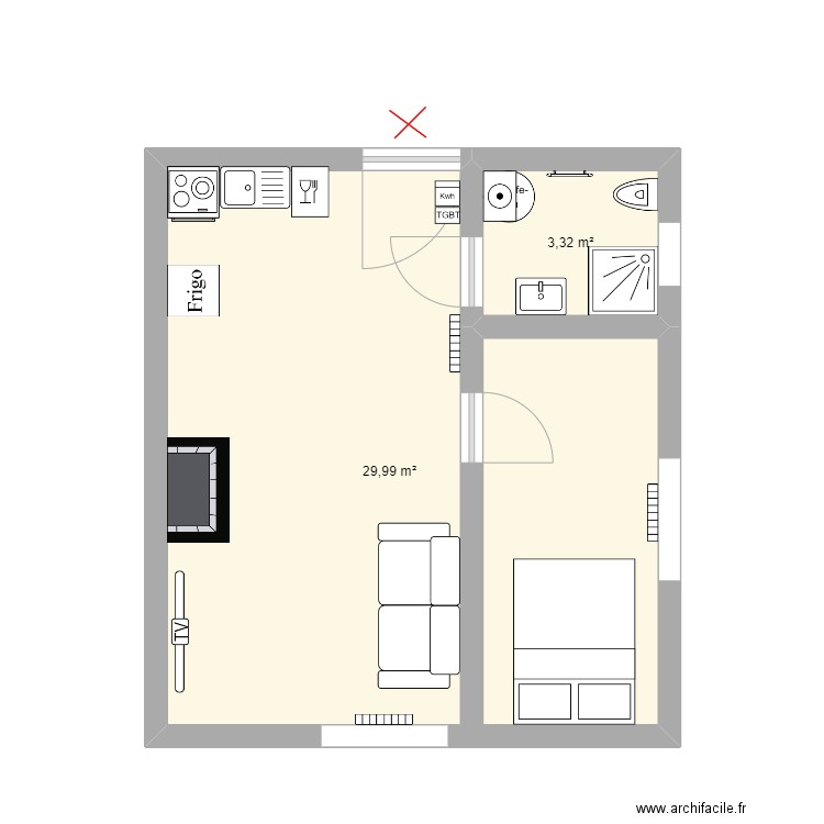 Appartement n°3 1er étage. Plan de 2 pièces et 33 m2