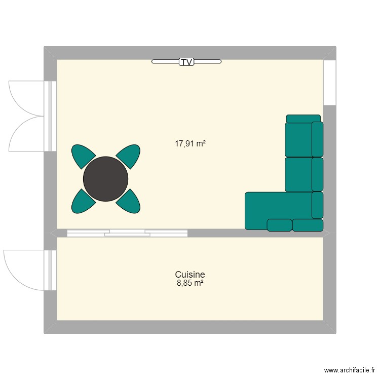 Salon. Plan de 2 pièces et 27 m2