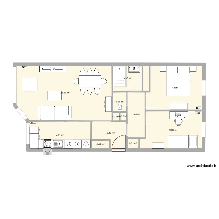 plessis. Plan de 12 pièces et 65 m2