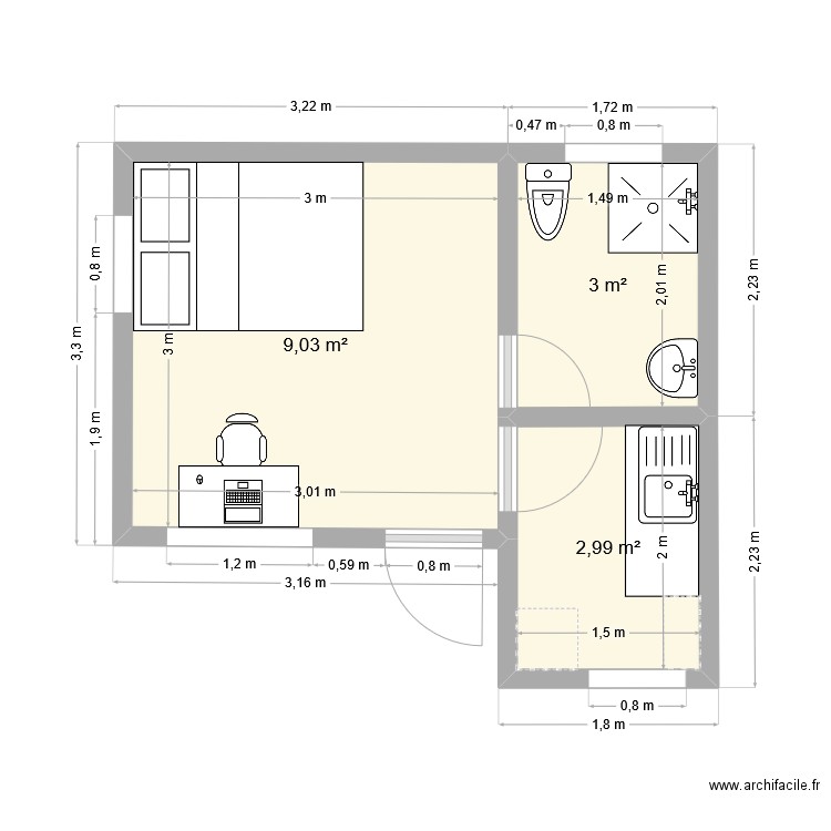 Esquisse cham moderne 1. Plan de 3 pièces et 15 m2