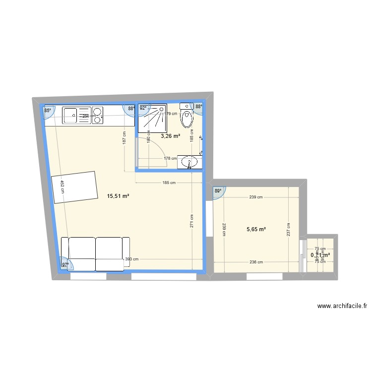 Sous sol 2. Plan de 5 pièces et 45 m2