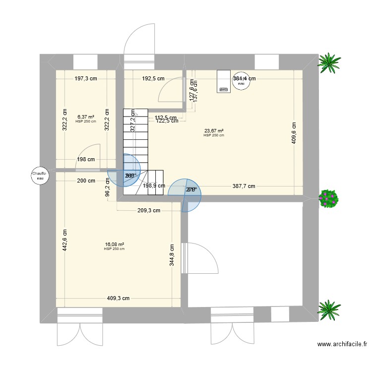 bas. Plan de 3 pièces et 46 m2