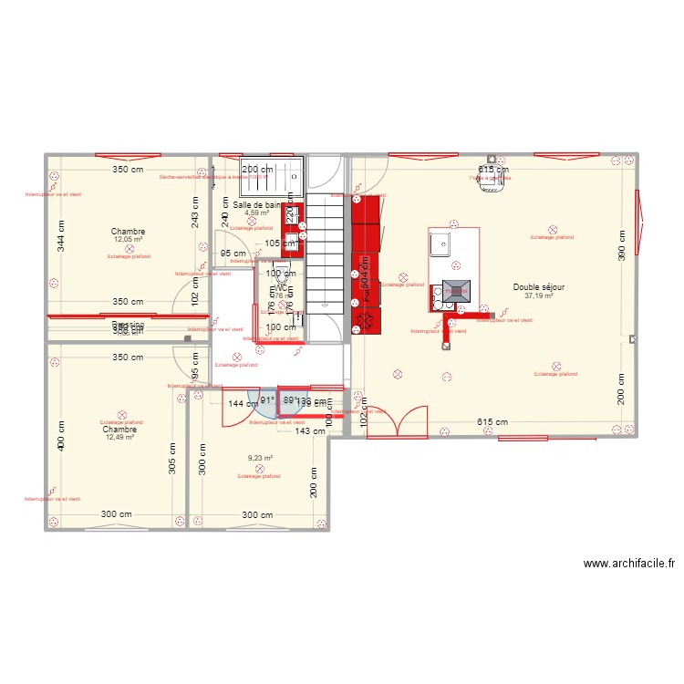 RdC rénové cuisine salon. Plan de 7 pièces et 79 m2