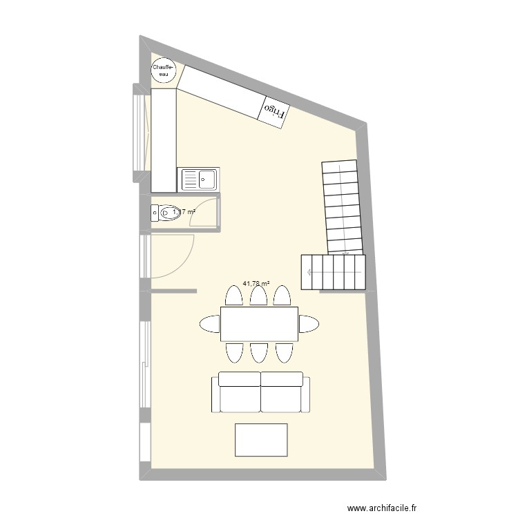 RDC. Plan de 2 pièces et 43 m2