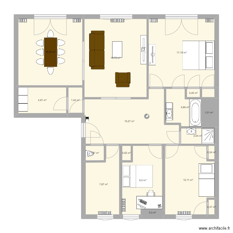 appart 02. Plan de 18 pièces et 114 m2