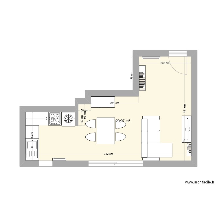 Salon/salle à manger. Plan de 1 pièce et 23 m2