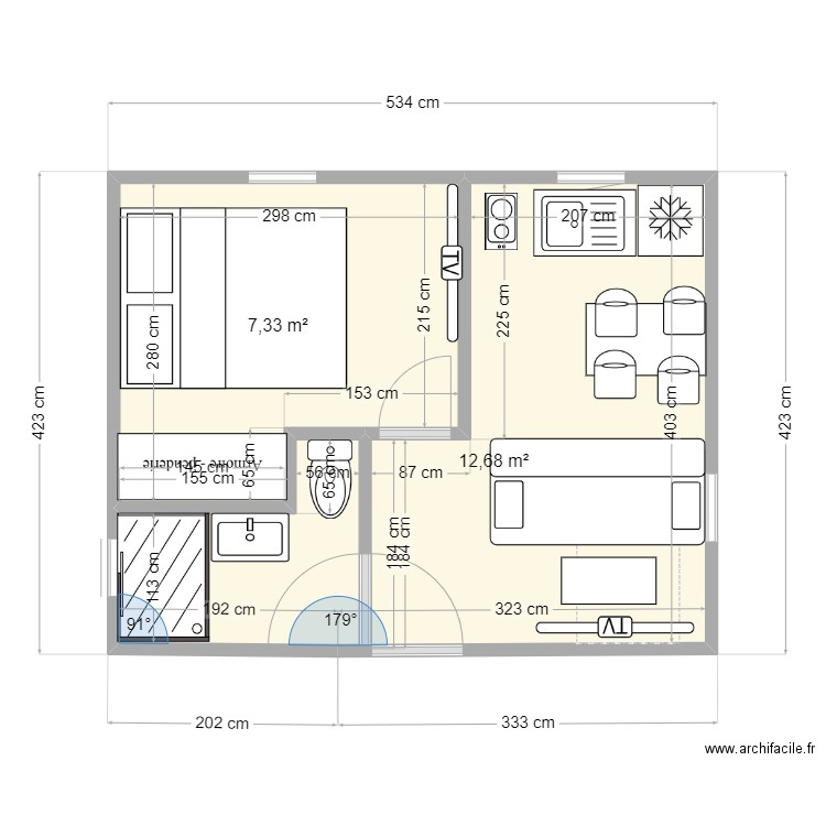 STUDIO DANOU. Plan de 2 pièces et 20 m2