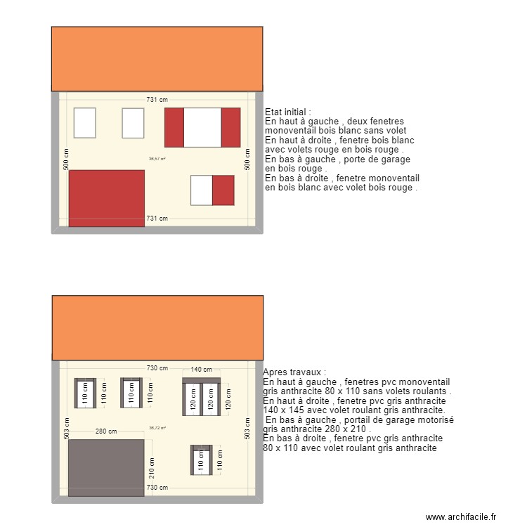 Plan façade coté est sud . Plan de 2 pièces et 73 m2