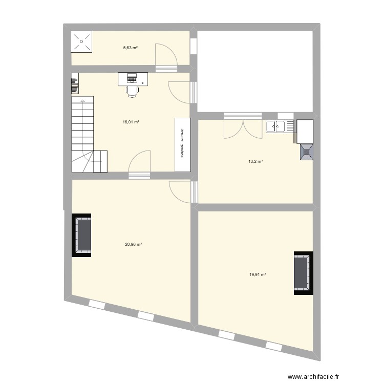 1er étage. Plan de 5 pièces et 76 m2