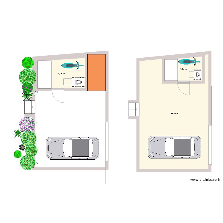 fond du jardin. Plan de 3 pièces et 58 m2