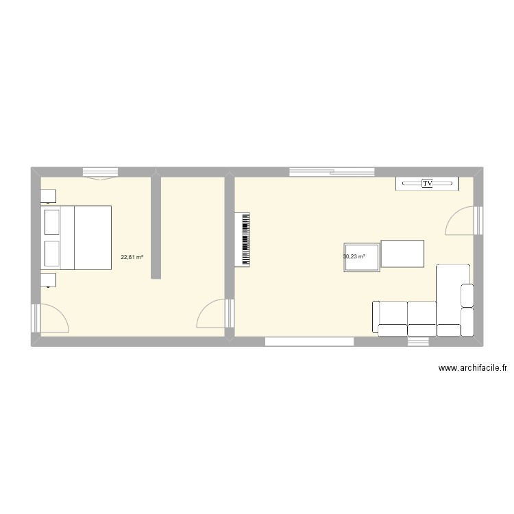 extension plein pied. Plan de 2 pièces et 53 m2