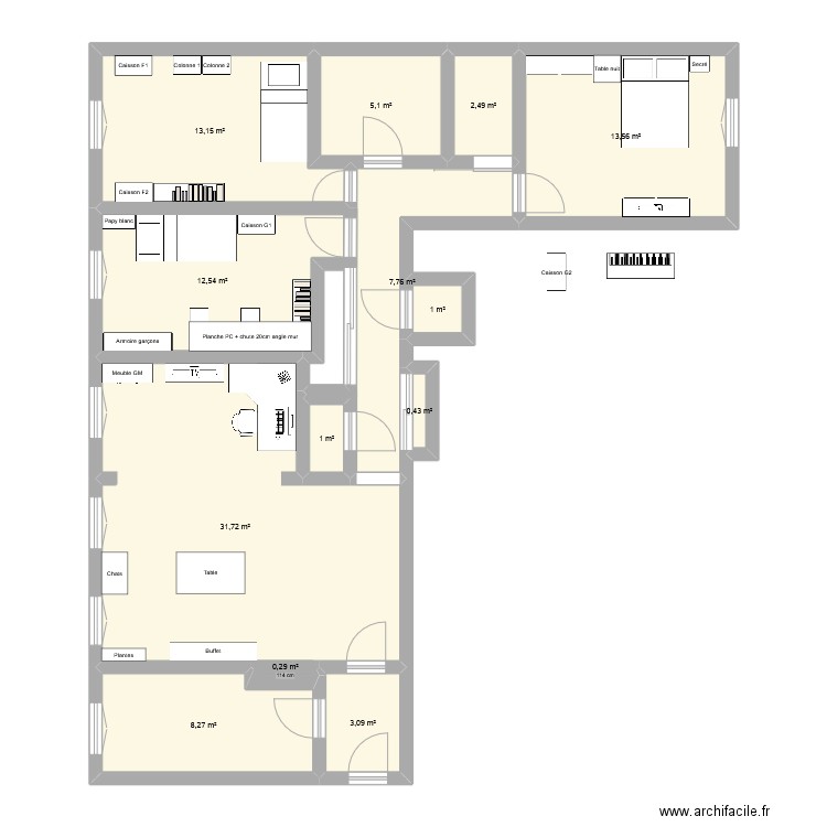 Appart ammeublement. Plan de 13 pièces et 100 m2