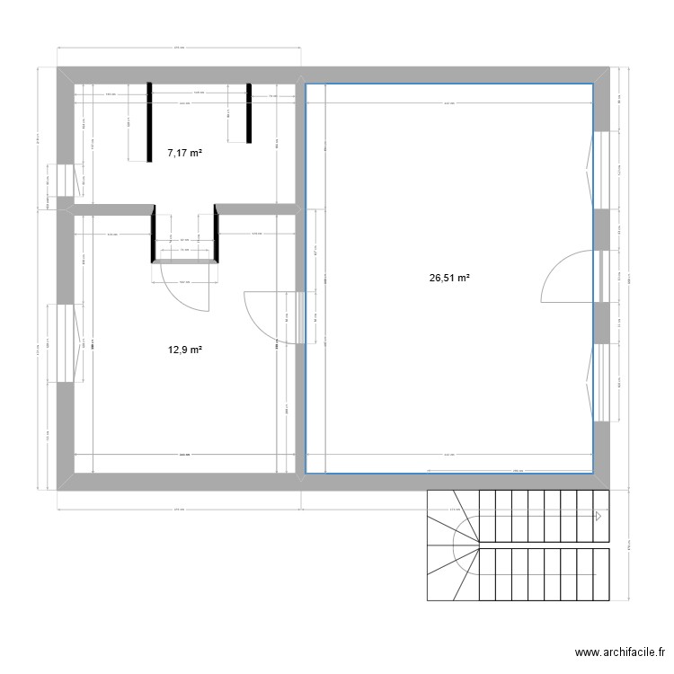 Appartements 8 x 6 gauche avec cotations. Plan de 3 pièces et 47 m2