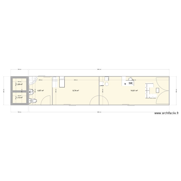 Container maritime 40 pieds High Cube. Plan de 5 pièces et 32 m2