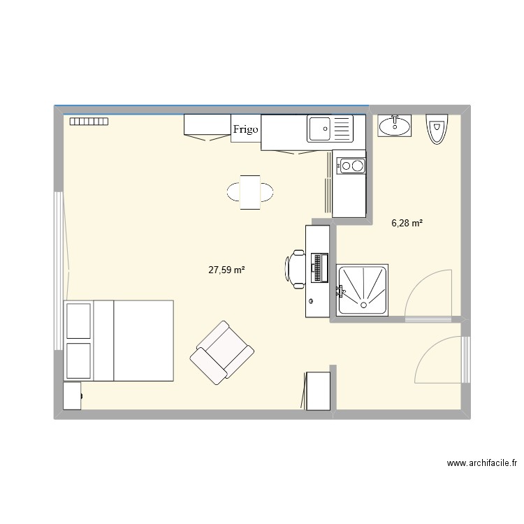 plan logement Mamie. Plan de 2 pièces et 34 m2