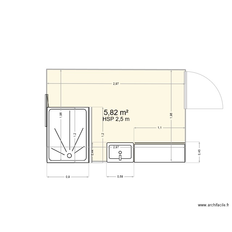 Réhabilitation salle de bain Mme. DONI. Plan de 1 pièce et 6 m2