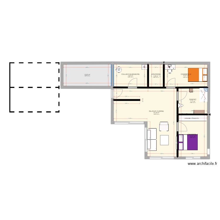 plan L2. Plan de 7 pièces et 85 m2