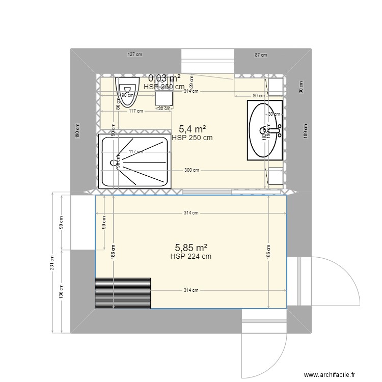 Sdb 2. Plan de 3 pièces et 11 m2