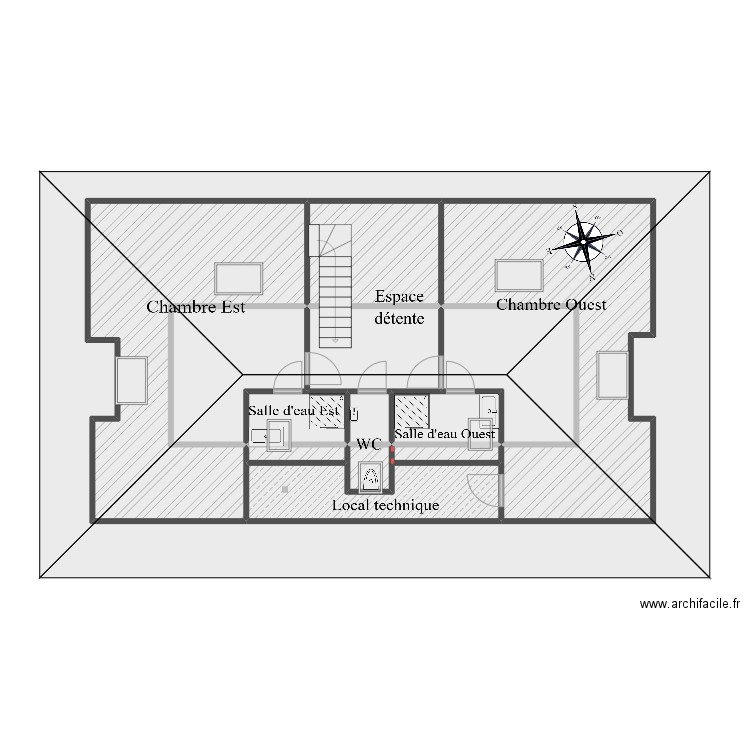 2rK_Etage. Plan de 13 pièces et 102 m2