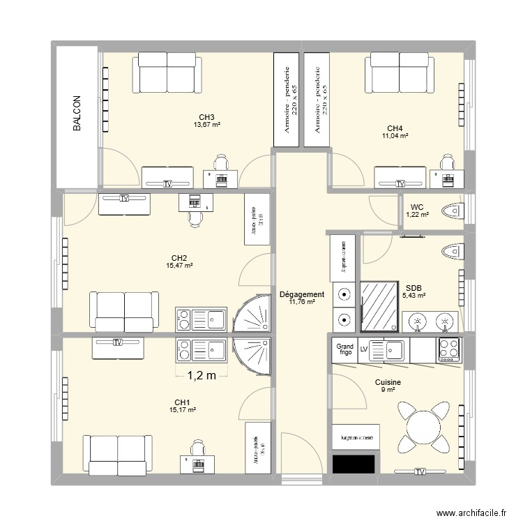 Coloc Camille & David - CANAPE LITS. Plan de 9 pièces et 83 m2