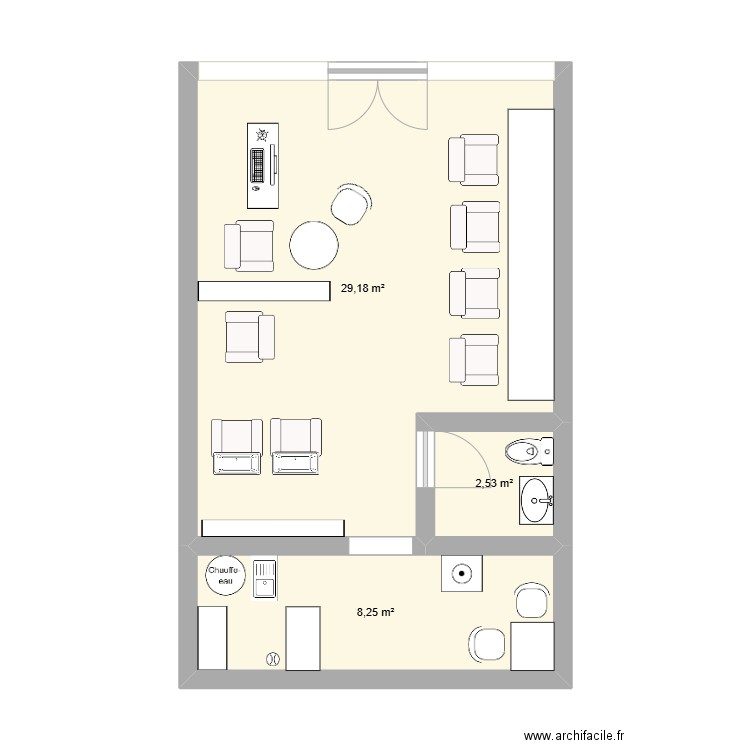 coiffure. Plan de 3 pièces et 40 m2