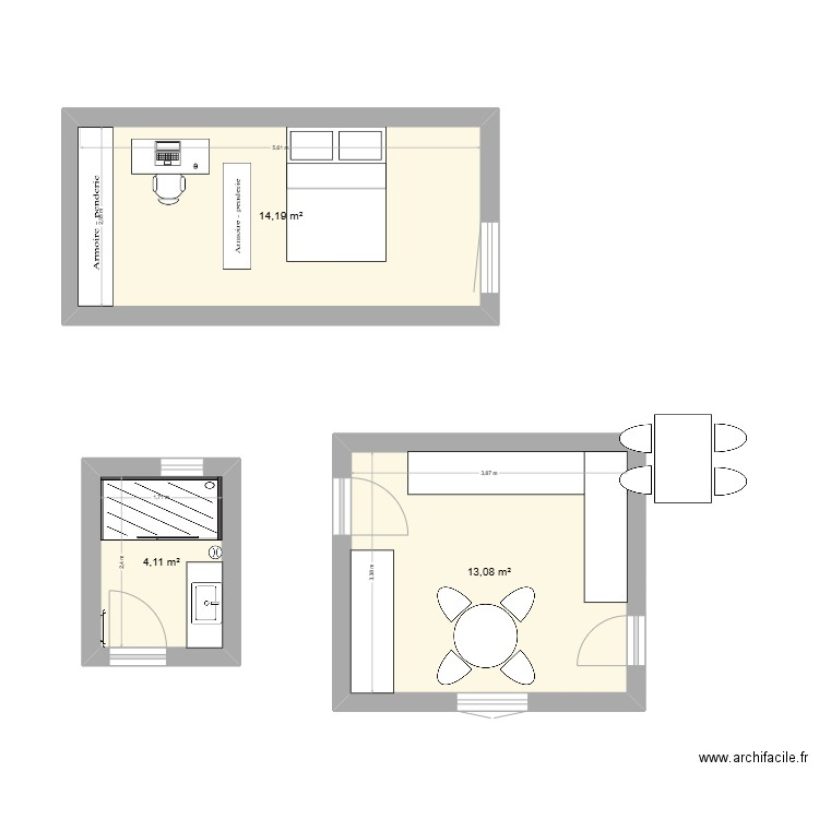 chambre émile V1. Plan de 3 pièces et 31 m2