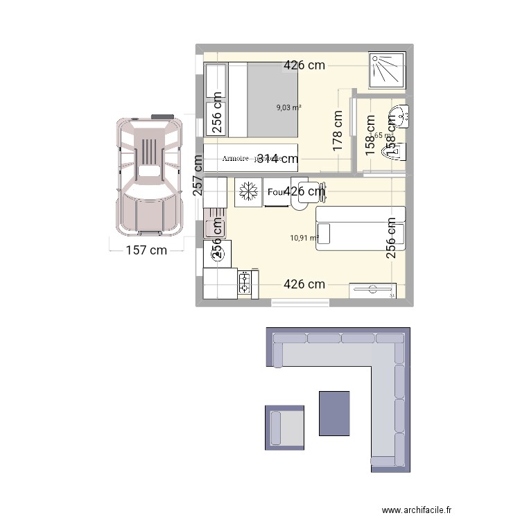 Bungalow 1. Plan de 3 pièces et 22 m2